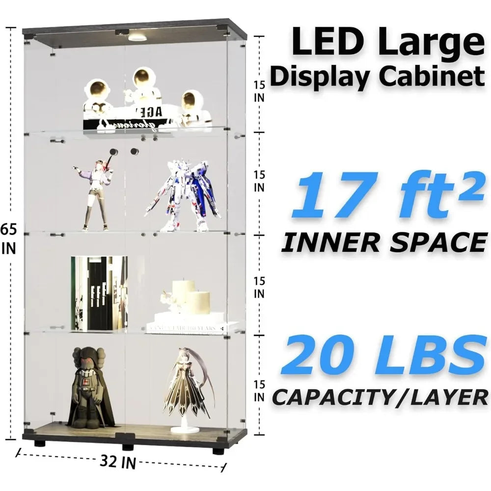 Display Cabinet, 64.5" H 4-Shelf LED Lights Glass Display Cabinet with Double Door, Modern Curio Cabinet Collection Display Case