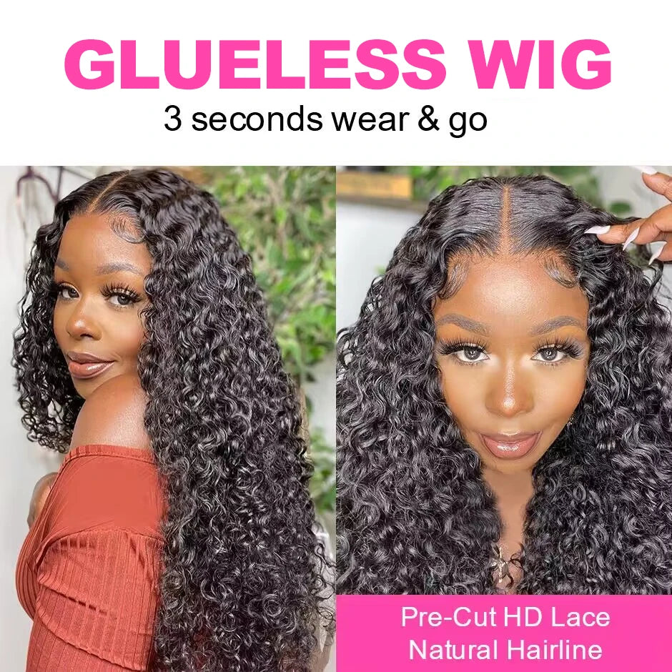 Water Wave Glueless Wig Pre-Cut Lace Wig 180% Pre-Plucked Natural Wave Wear Go Glueless Curly Human Hair Wigs For Women