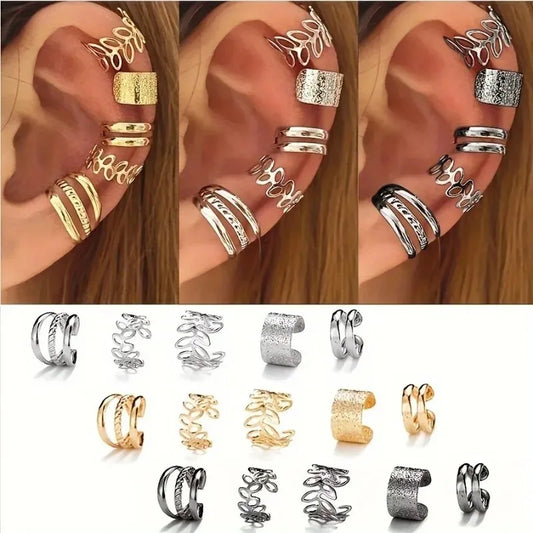 5/15 Pcs Set Of Hollow Leaf Design Clip On Earrings, Zinc Alloy Jewelry Simple Punk Style Personality Female Ear Decor