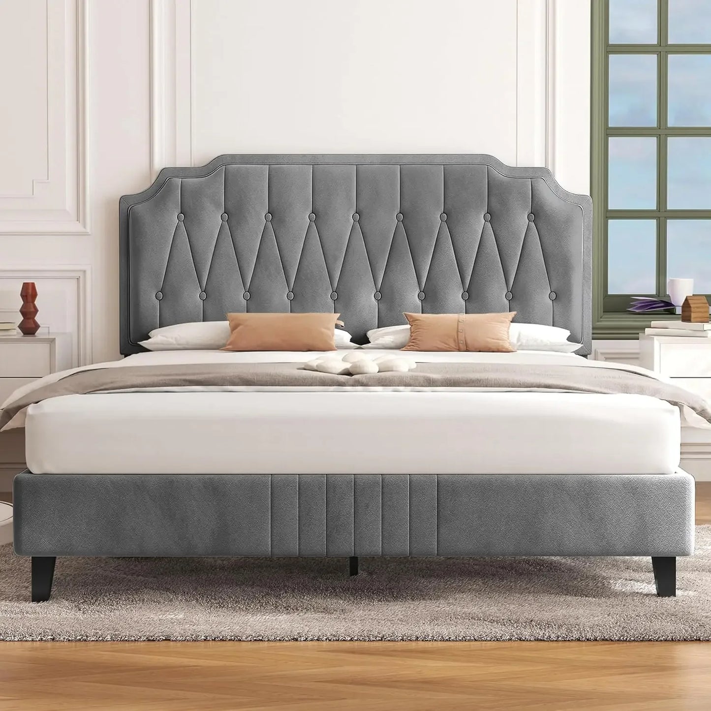 Bed Frame, Velvet Upholstered Platform Bed with Curved Headboard, Height-Adjustable Headboard Noise-Free Wooden Slats Support