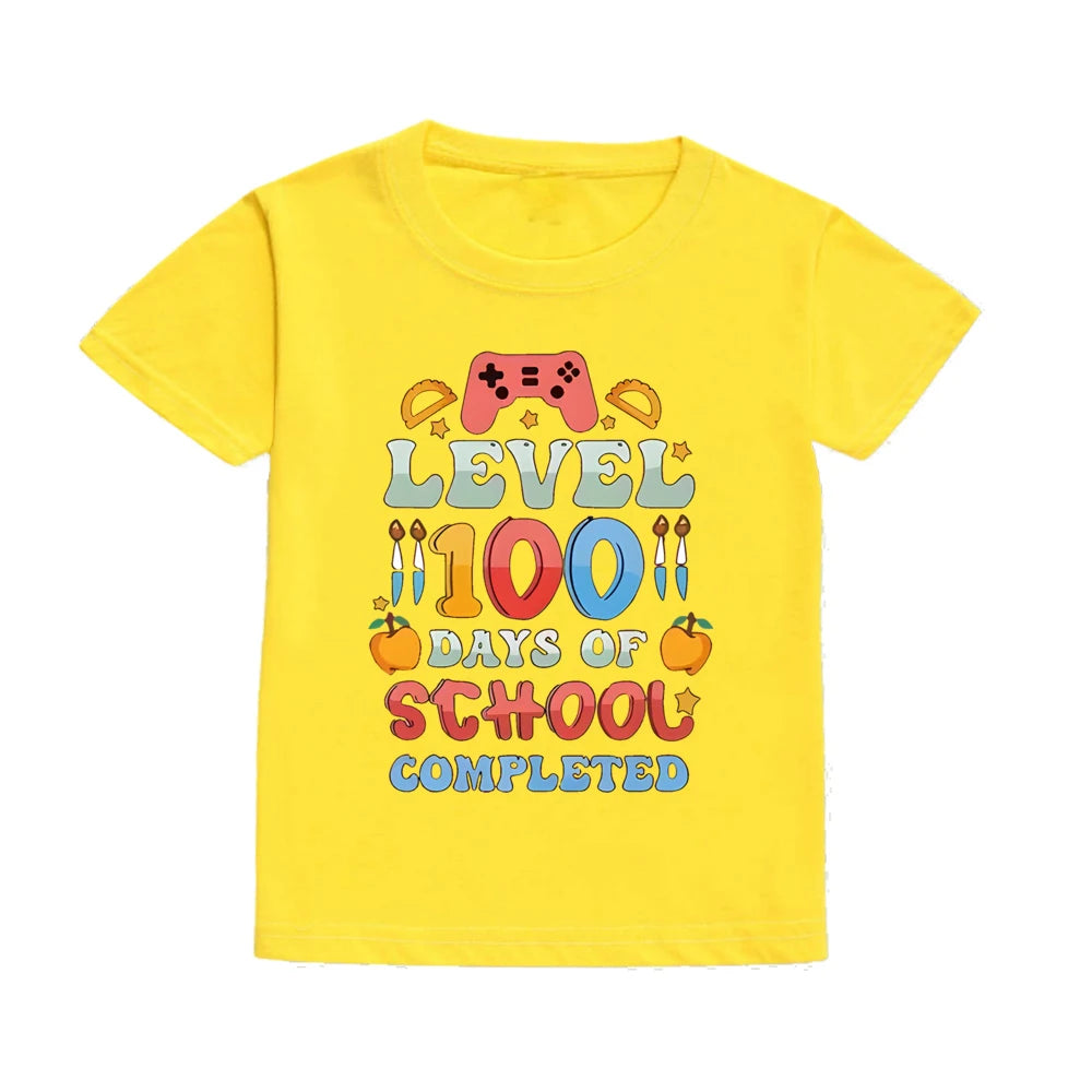 Level 100 Days of School Completed T-Shirt for Kids Short Sleeve Crew Neck Tee Tops Best Gift To Child Summer Clothes