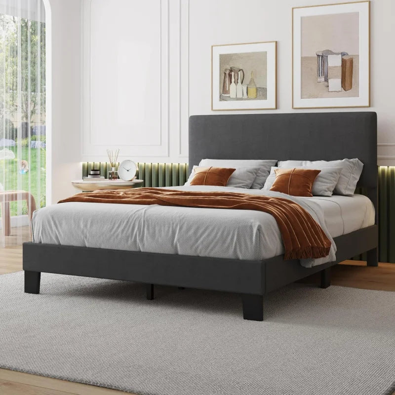 Queen Headboard,Linen Upholstered Bed Frame With Wood Slats Support,No Box Spring Needed,Heavy Duty Feet,Easy Ass