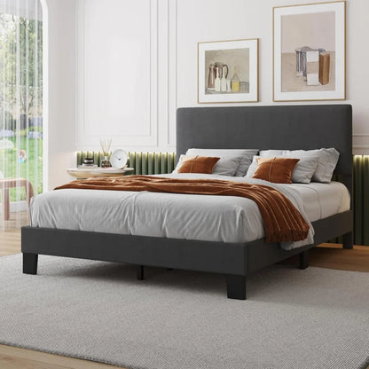 Queen Headboard,Linen Upholstered Bed Frame With Wood Slats Support,No Box Spring Needed,Heavy Duty Feet,Easy Ass