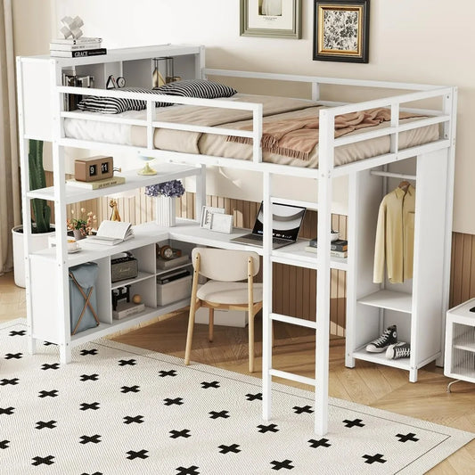 Full Size Loft Bed with L Shaped Desk and Wardrobe, Heavy Duty Loft Bed with Storage Cubes and Shelves, Metal Loft Bed for Kids