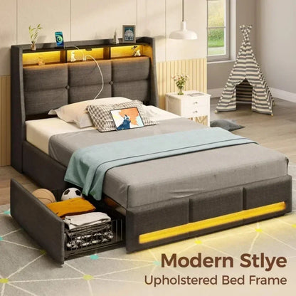 Twin Size Frame with LED Lights and Charging Station, Upholstered Bed Storage Headboard &Amp; Drawers, Twin Bed