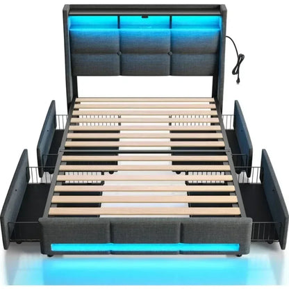 Twin Size Frame with LED Lights and Charging Station, Upholstered Bed Storage Headboard &Amp; Drawers, Twin Bed