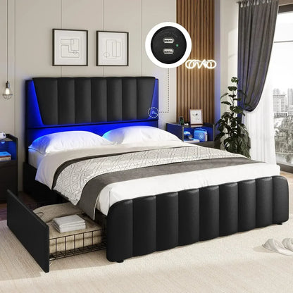 Full Size Bed Frame with Headboard and 4 Storage Drawers, Full Bed Frame with Led Lights & 2 USB Ports, Bed Frame