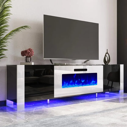 Fireplace TV Stand with 36" Fireplace, 70" Modern High Gloss Entertainment Center LED Lights,Cabinet for TVs Up to 80", Black