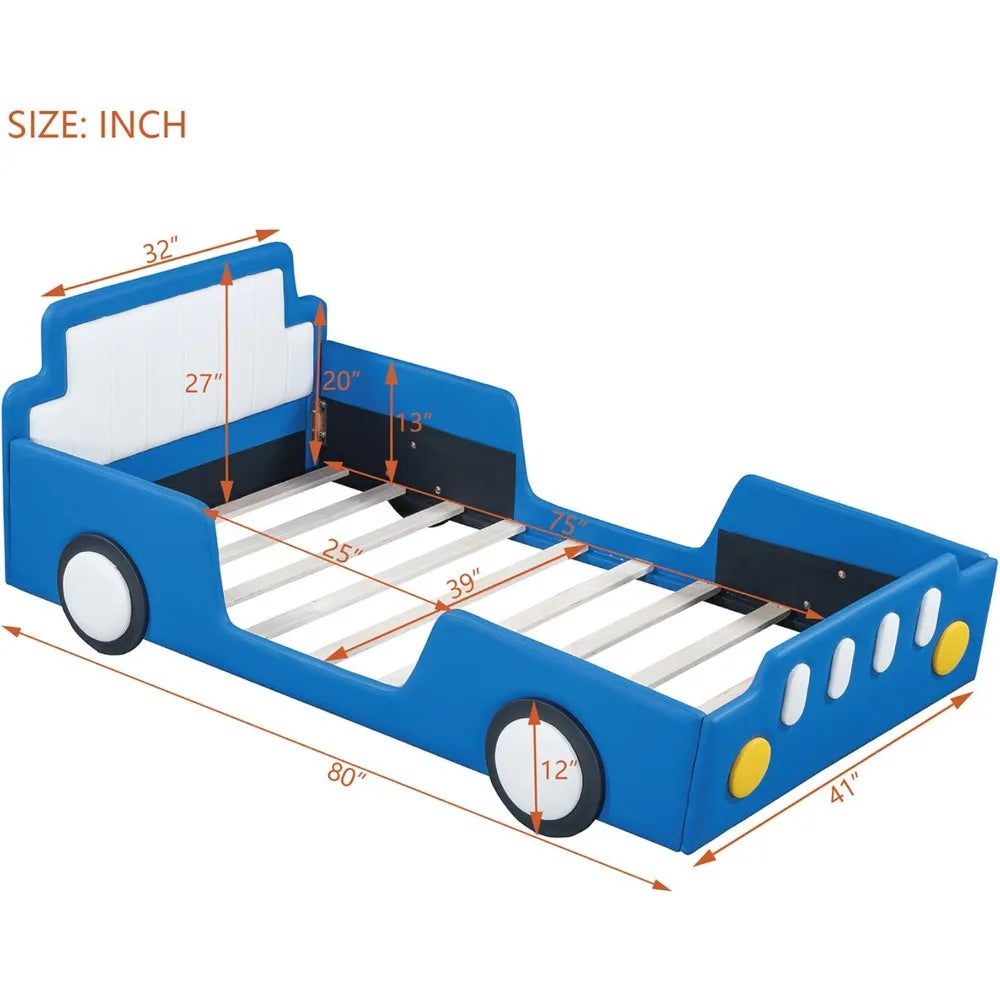 PU Leather Car Bed Frame for Boys Twin Size,Kids Bed Frame with Headboard,Fits Standard Twin Mattress(No Mattress)