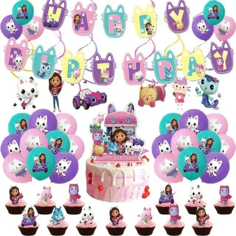 Disney Children's Birthday Party Decorative Products Gabby Doll House Theme Flag Pulling Balloon Disposable Tableware