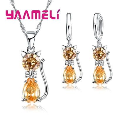 Real 925 Sterling Silver Color Jewelry Sets for Woman Girls Shining Austrian Crystal Cute Cat Pendant Necklace Huggie Earring