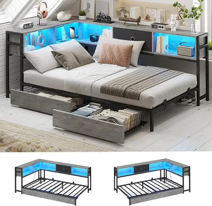 Corner Bed Frame Full Size with Bookcase and 2 Underbed Storage Drawers, Full Corner Bed with LED Light and Charging Station