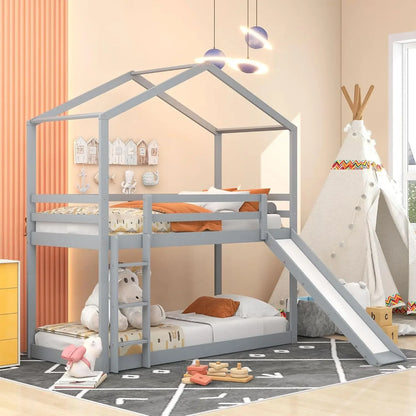 Kids Twin Over Twin Bunk Beds with Slide and Trundle, Bed Frame with Stairs and Storage, Playhouse Bunk Bed with Roof and Window