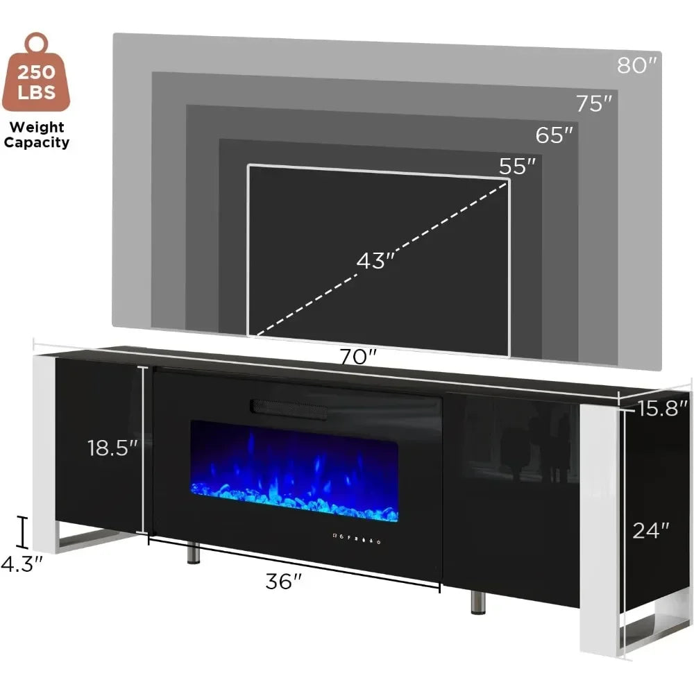 Fireplace TV Stand with 36" Fireplace, 70" Modern High Gloss Entertainment Center LED Lights,Cabinet for TVs Up to 80", Black