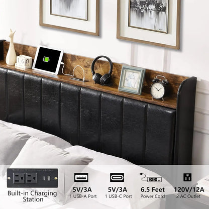 Upholstered Bed Frame Queen Size with Headboard, Platform Queen Bed Frame with Storage Drawers & Charging Station, No Box Spring