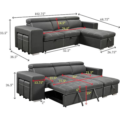 Sofa Couch with Reversible Storage Chaise,L Shaped Sleeper Sectional Sofa Pullout Bed with Adjustable Headrest for Living Room