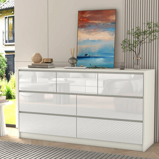 7 Drawer Dresser for Bedroom, 55 Inch Modern Dresser with High Gloss Drawers, Large Wood Chest of Drawer, White/Black