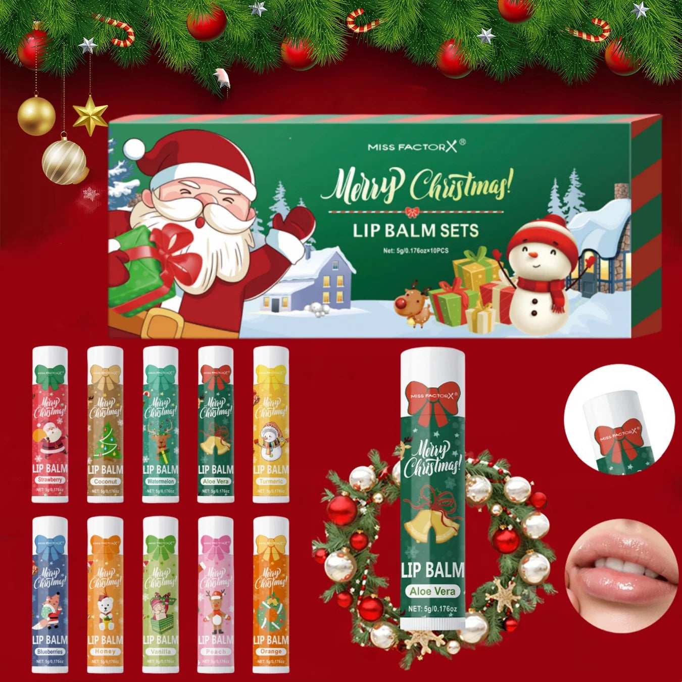 10PCS/Box Christmas gift box, lip balm set, deeply hydrating lip moisturizer, lip color brighten, gift to women