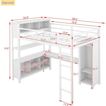 Full Size Loft Bed with L Shaped Desk and Wardrobe, Heavy Duty Loft Bed with Storage Cubes and Shelves, Metal Loft Bed for Kids