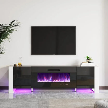 Fireplace TV Stand with 36" Fireplace, 70" Modern High Gloss Entertainment Center LED Lights,Cabinet for TVs Up to 80", Black