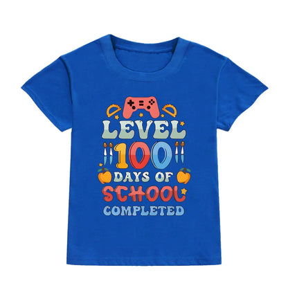 Level 100 Days of School Completed T-Shirt for Kids Short Sleeve Crew Neck Tee Tops Best Gift To Child Summer Clothes