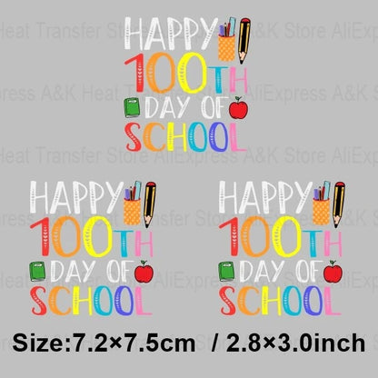 Happy 100 Days of School Heart Transfer Patches Iron On Clothing Kids Boy Rainbow DIY Washable Patches On Clothes Decals Decor