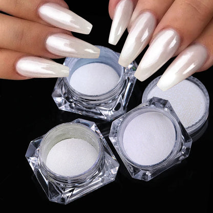 Aurora Pearl White Nails Glitter Dust Chrome Moonlight White Rubbing on Powder Shell Mirror Pigment Nail Art Supplies Decoration