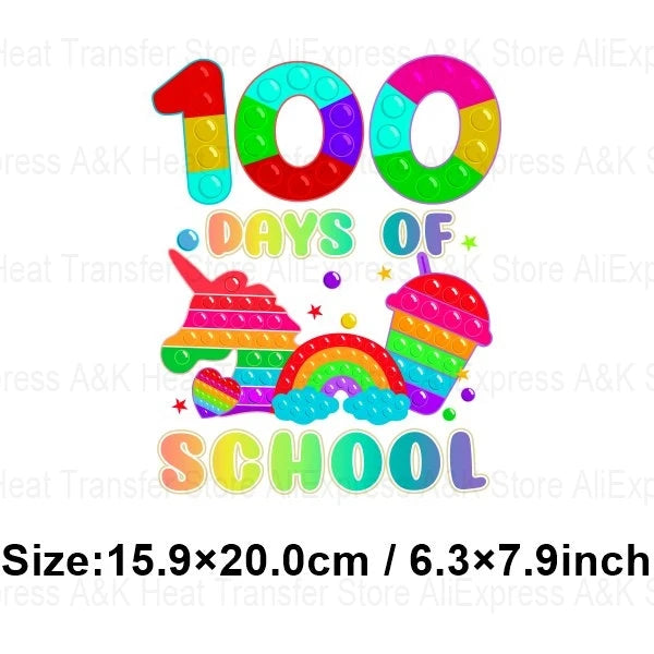 100 Days Of School Kids Thermo Stickers T-Shirt Diy Dinosaur Apple Owl Heat Transfer Boy Girls Iron On Heat Patch Decals