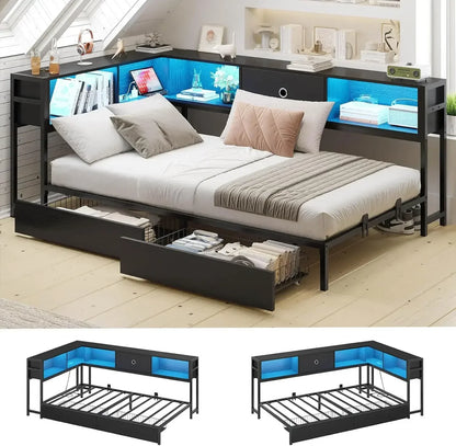 Corner Bed Frame Full Size with Bookcase and 2 Underbed Storage Drawers, Full Corner Bed with LED Light and Charging Station