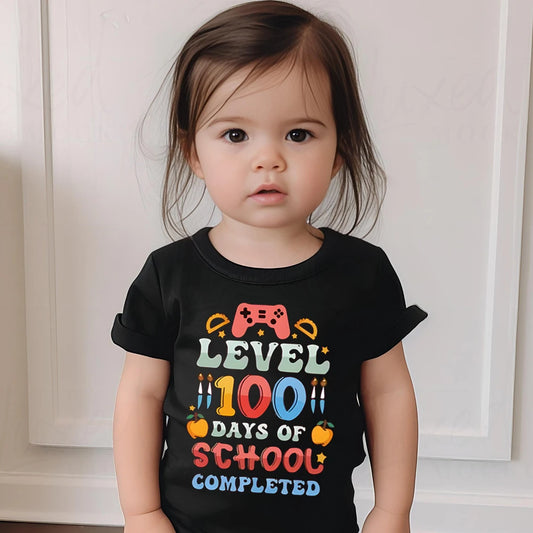 Level 100 Days of School Completed T-Shirt for Kids Short Sleeve Crew Neck Tee Tops Best Gift To Child Summer Clothes