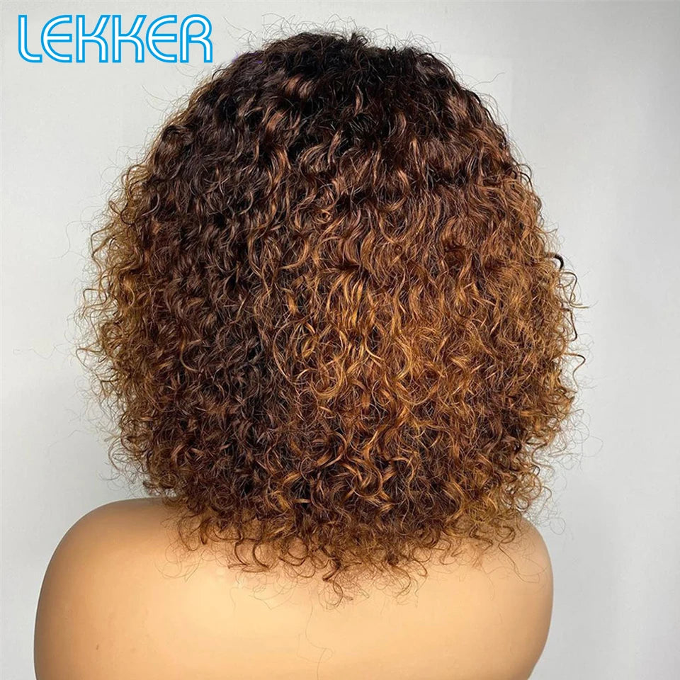 Lekker Colored Short Pixie Afro Kinky Curly Bob 100% Human Hair Wigs With Bangs For Women Brazilian Remy Hair Ombre Brown Wigs