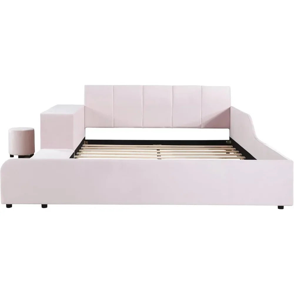 Upholstered Grounded Bed Platform Bed, Wooden Queen Size Mother & Child Bed Frame with Bedside Desk and Little Round Stool