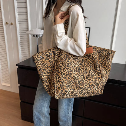 Fashion Large Capacity Handbag Leopard Pattern Tote School Work Shopping Bag Retro Canvas Shoulder Bag