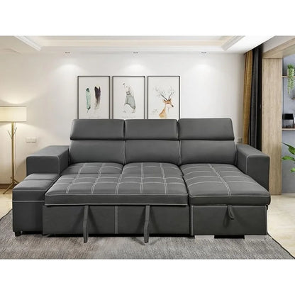 Sofa Couch with Reversible Storage Chaise,L Shaped Sleeper Sectional Sofa Pullout Bed with Adjustable Headrest for Living Room