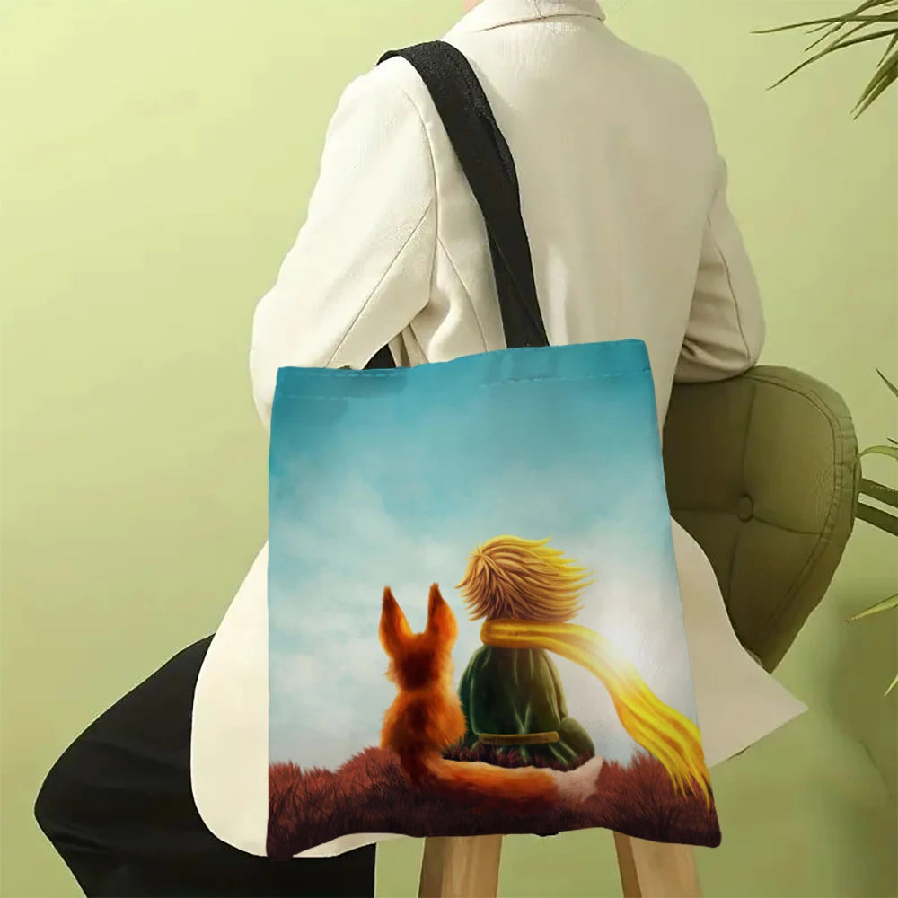 Linen Bag The Little Prince Series Print Canvas Bag Lightweight Shoulder Bag Versatile Shopping Bag Holder Handbag