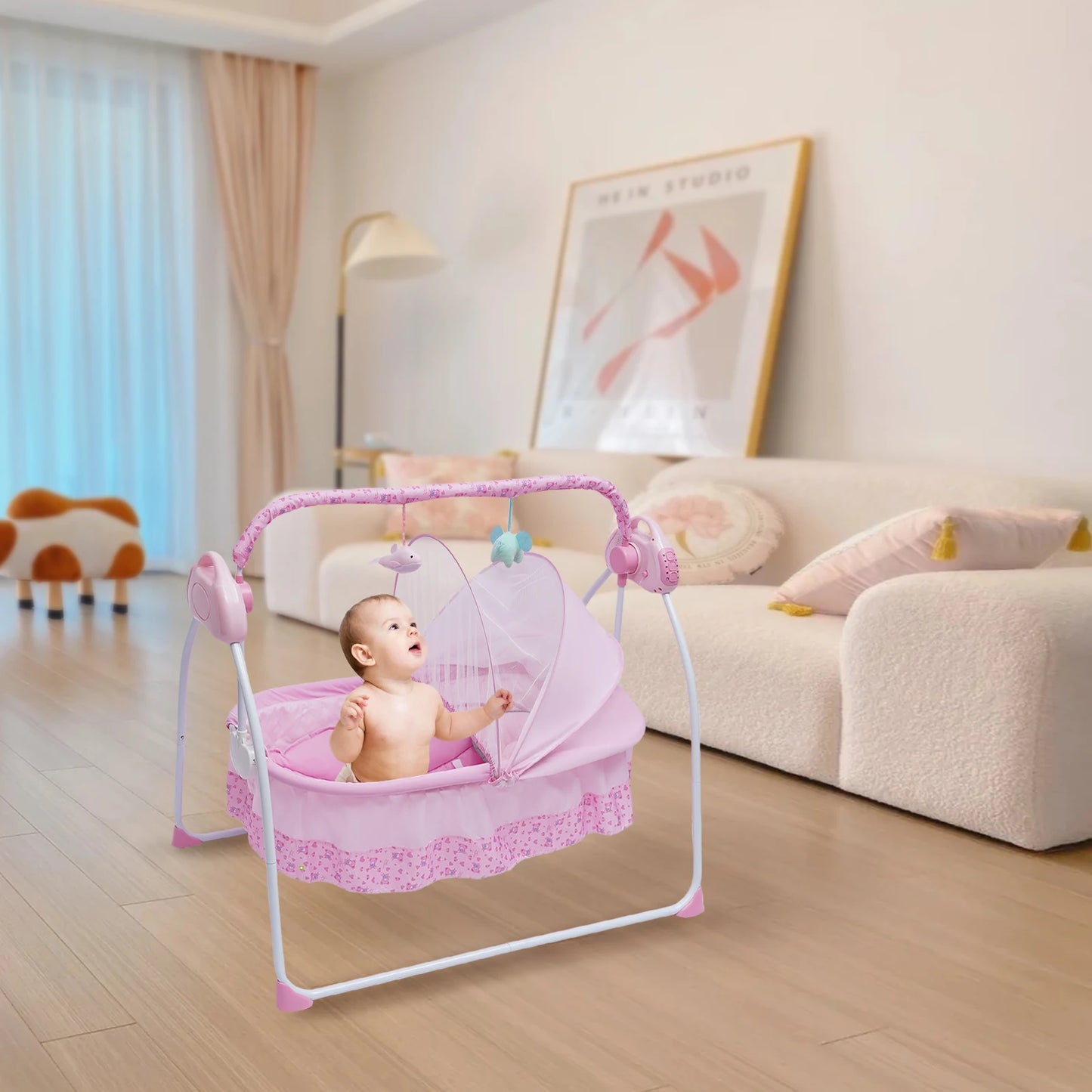 5 Gears Electric Baby Crib Cradle Bluetooth Auto-Swing Rocking Bassinet Sleep Bed Infant Rocker+Net Adjustable Nursery Furniture