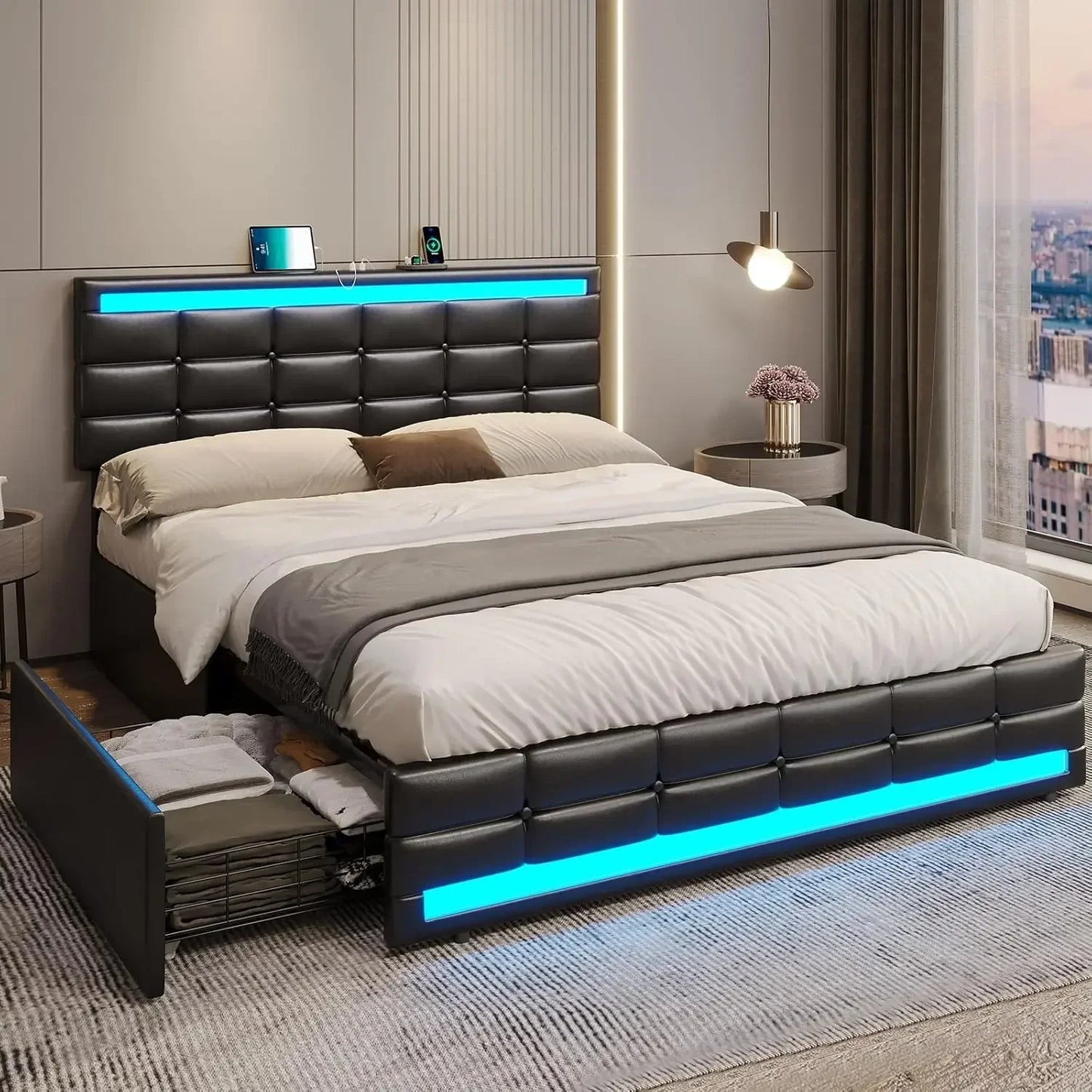 Bed Frame with Drawers, LED Bed Frame with Charging Station and Storage & LED Lights Headboard Footboard, Pu Leather Bed Frame