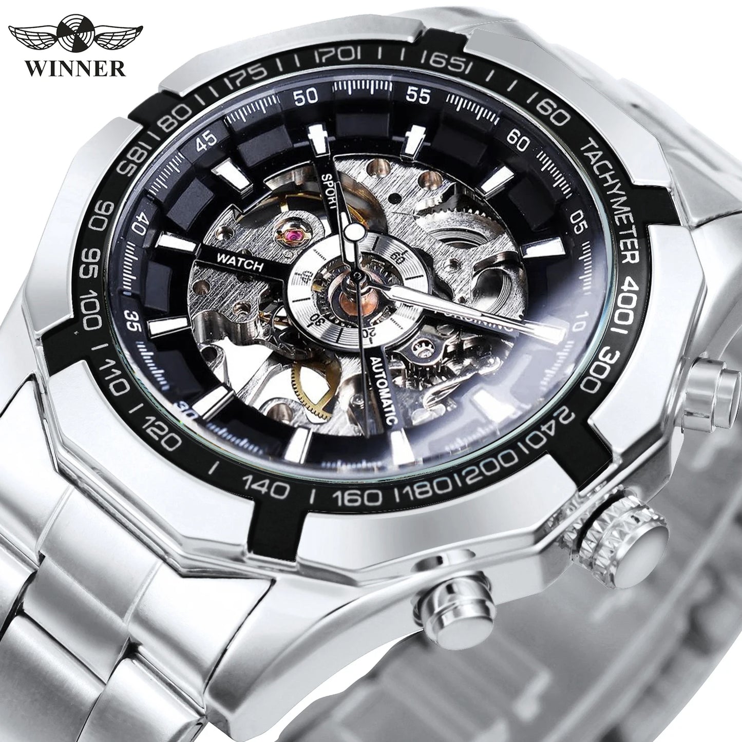 WINNER Classic Skeleton Watch for Men Luminous Hands Mechanical Watches Stainless Steel Strap Luxury Brand Forsining Wristwatch