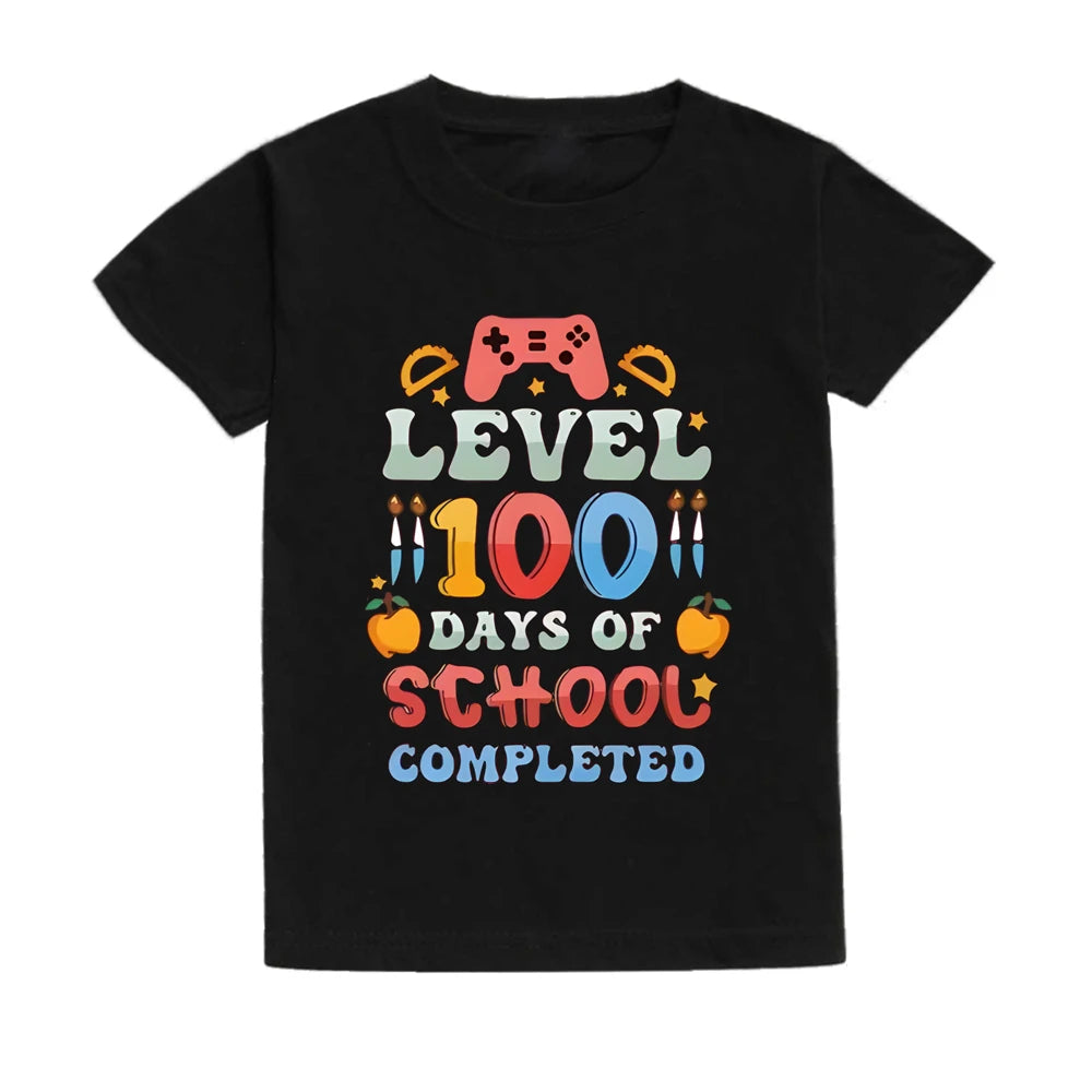 Level 100 Days of School Completed T-Shirt for Kids Short Sleeve Crew Neck Tee Tops Best Gift To Child Summer Clothes