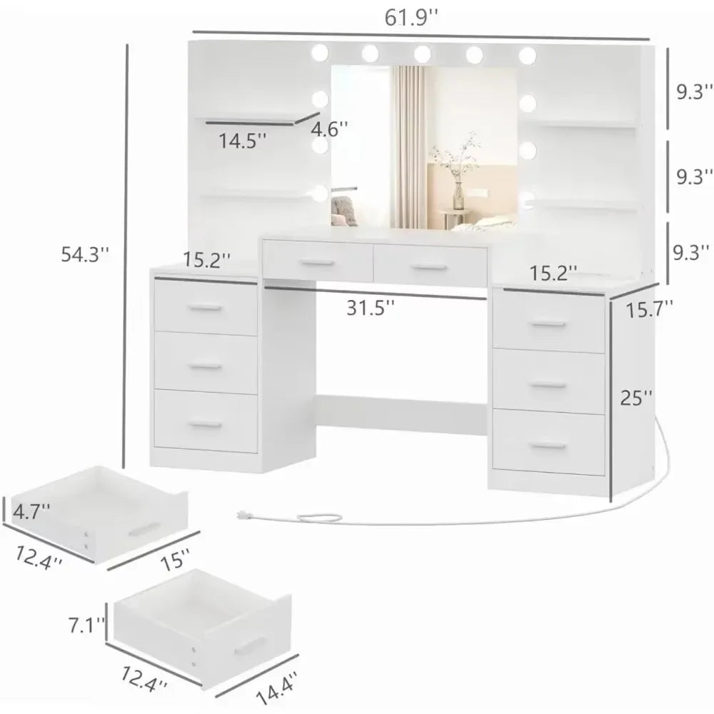 Makeup Vanity Table with Mirror & Lights, Vanity Desk with Power Strip, Large Drawer & Six Open Storage Dresser, Dressing Table