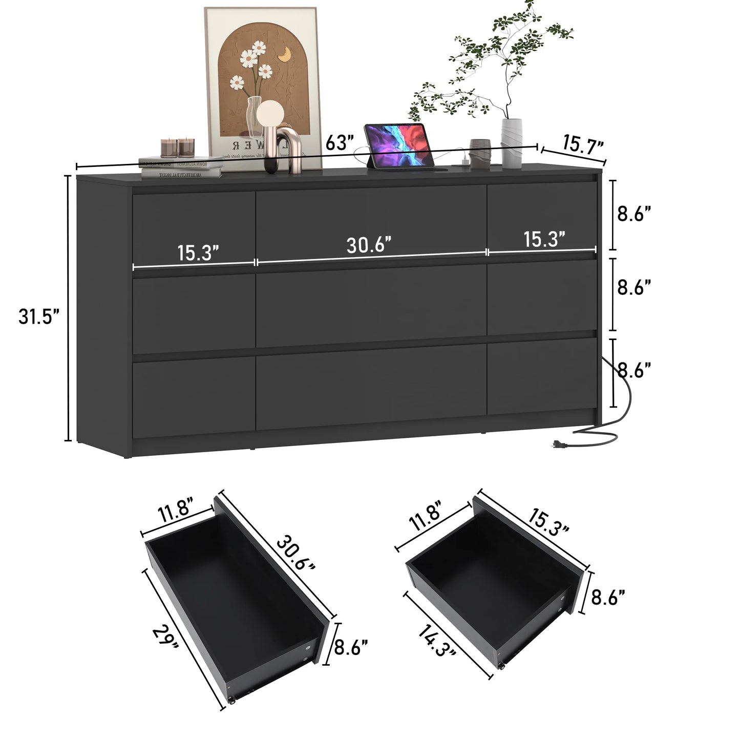 9 Drawer Dresser for Bedroom with Charging Station, 63" Modern Large Wood Chest of Drawers Handle Free, Black/White