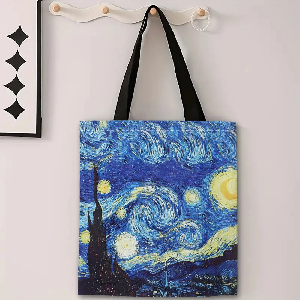 Canvas Bag Van Gogh Series Canvas Bag Oil Painting Starry Night Sunflower Apricot Flower Coffee Holder Handbag 30X35cm