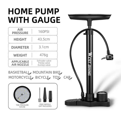 WEST BIKING Bicycle Pump 160PSI Portable Stainless Steel Bike Pump Schrader Presta Valve Inflator Mountain Road Bike Accessories