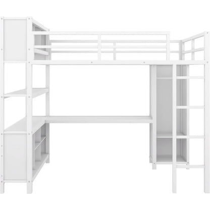 Full Size Loft Bed with L Shaped Desk and Wardrobe, Heavy Duty Loft Bed with Storage Cubes and Shelves, Metal Loft Bed for Kids