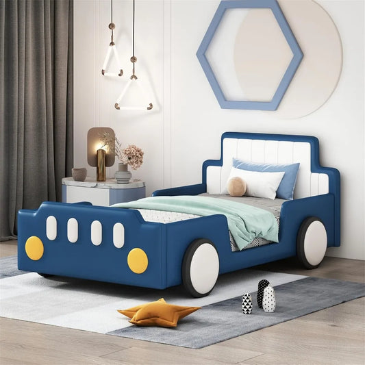 PU Leather Car Bed Frame for Boys Twin Size,Kids Bed Frame with Headboard,Fits Standard Twin Mattress(No Mattress)