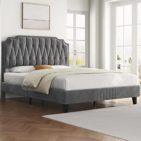 Bed Frame, Velvet Upholstered Platform Bed with Curved Headboard, Height-Adjustable Headboard Noise-Free Wooden Slats Support