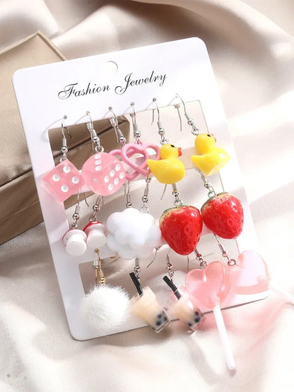 Cartoon Animal Earrings Set For Women New Y2K Girl Cute Colorful Geometric Acrylic Duck Love Drop Earrings Trendy Jewelry Gifts