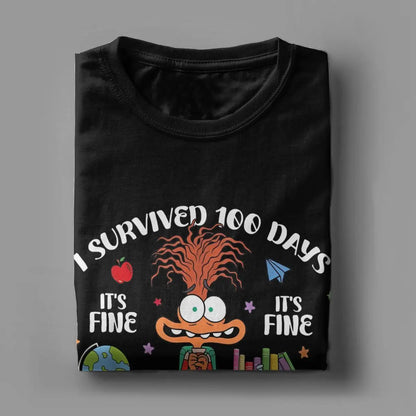 Inside Out I Survived 100 Days Of School T Shirts Men's Cotton Funny T-Shirt Round Collar Anxiety It's Fine Tees Clothes Classic