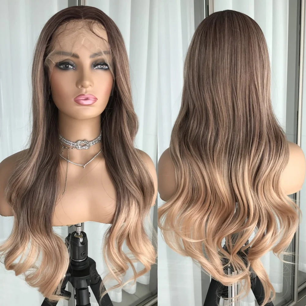 Body Wave Lace Front Wig Highlight Ash Blonde Lace Frontal Synthetic Wigs Pre Plucked Long Wavy Synthetic Lace Wig for Women