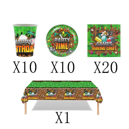 Cartoon Miner Craftings Pixel Tableware Set Theme Birthday Party Decor Cup Plate Napkin Cake Tablecloth Party Kids Baby Shower